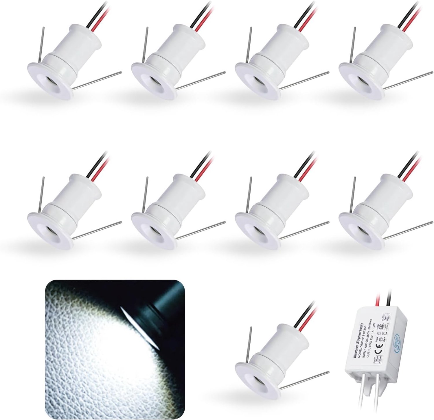 9 stuks 12V 1W Mini LED Inbouwspot, IP65 Waterbestendige Kleine Ronde Inbouwspot, 15mm Plintverlichting voor Kasten Vitrines Wanden Keuken Trappenhuizen en Badkamers(Wit Koud Wit 120°)