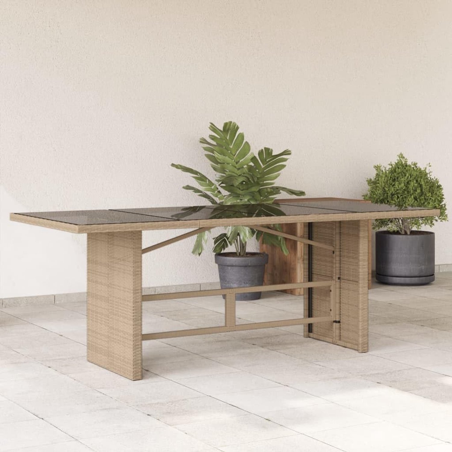 Balkontafel, campingtafel, terrastafel, eettafel, buffettafel met glasplaat, beige, 190 x 80 x 75 cm, polyrotan