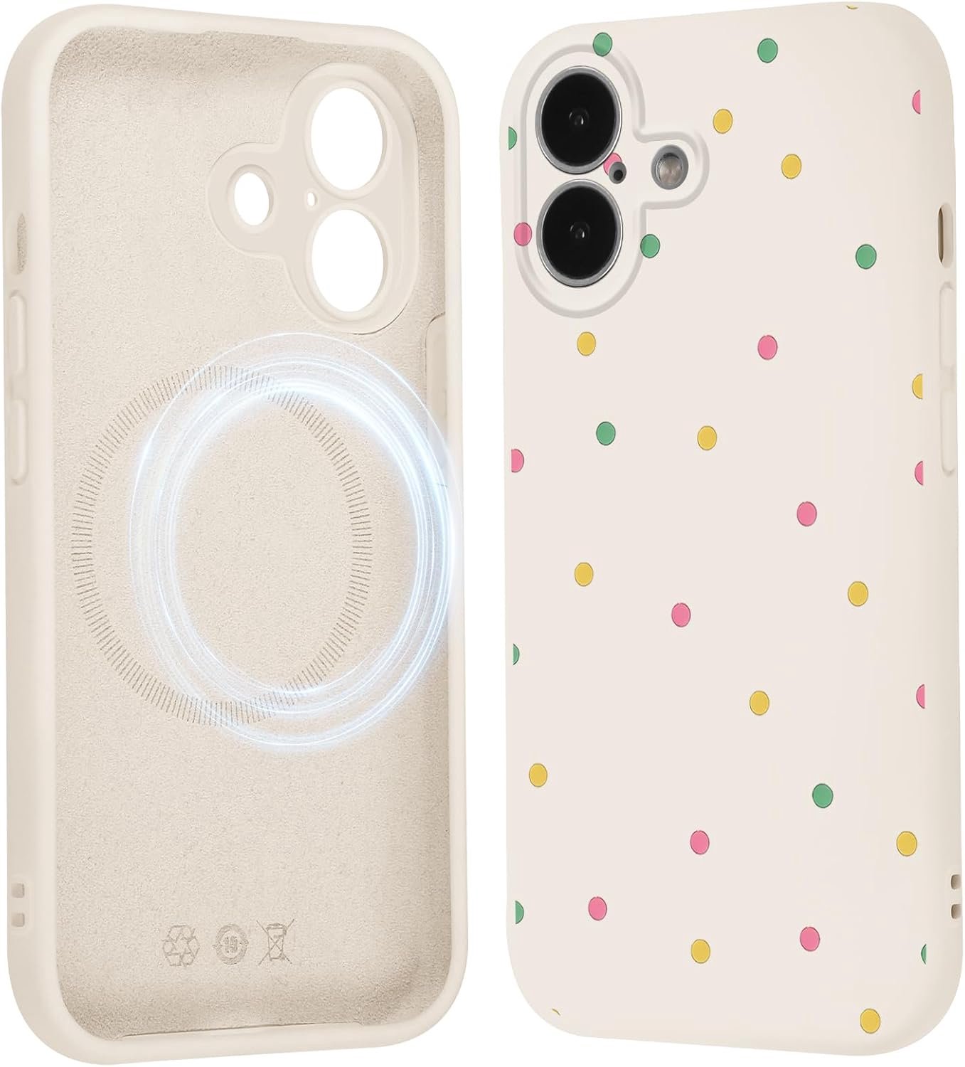 Dot Magnetische Beschermhoes, Compatibel met Magsafe voor iPhone 16, 15,5 cm (6,1 inch), esthetisch, kleurrijk, gestippeld, tekening, motief, siliconen, wit, schokbestendig