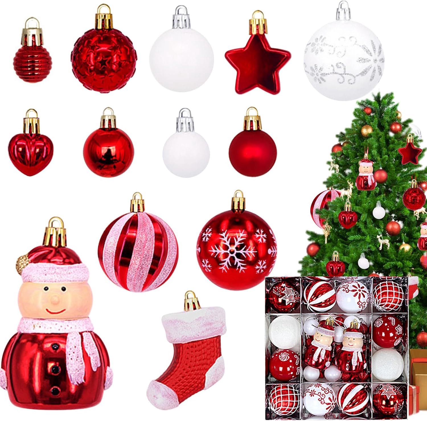 Kerstdecoraties, 44-delige Klassieke Rood-Witte Kerstboomballen Set Van Kunststof (Met Haken), Feestdecoratie, Kerst Welkom