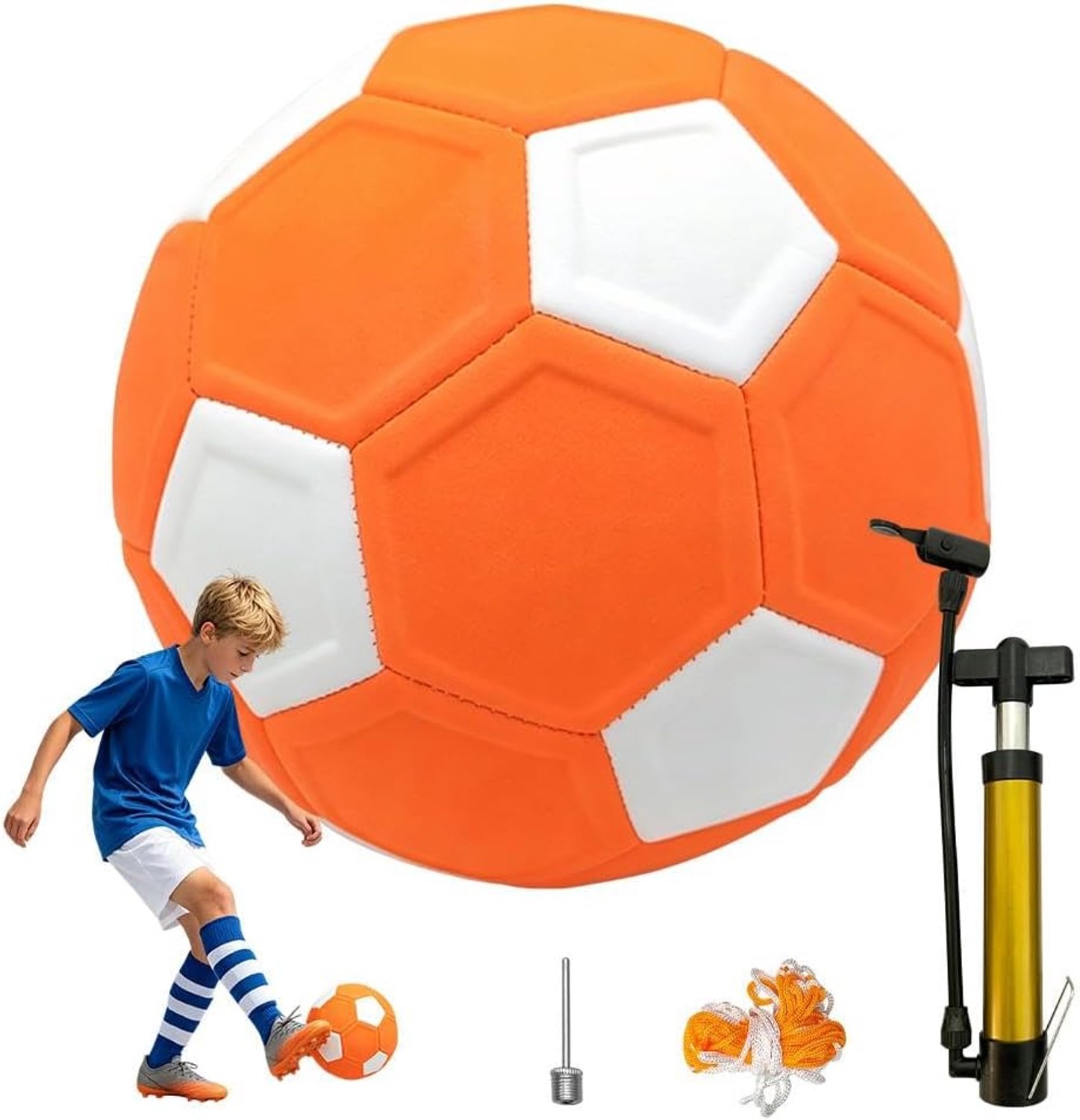 Voetbal, 22 cm voetbal, gebogen bal voor kinderen, maat 5, met pomp, softbal, luchtnaald en net, cadeau voor kinderen en volwassenen, binnen en buiten