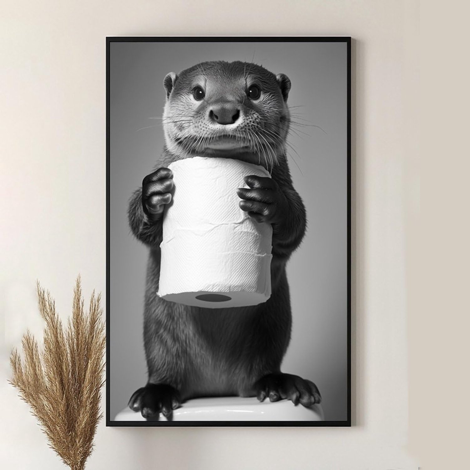 Otter houdt toiletpapier grappige dierenprint, afbeelding voor badkamer gasten toilet muurkunst, 30x40 cm