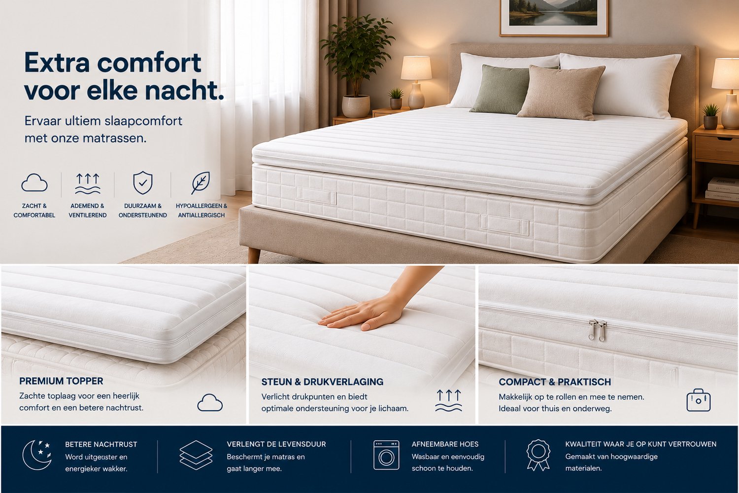 FITBERTH 180x200x8 Topper - Zacht - HR28 - Premium - Orthopedisch Verantwoord - Ventilerend - Ergonomische Ondersteuning - Afritsbaar - Wasbaar wit