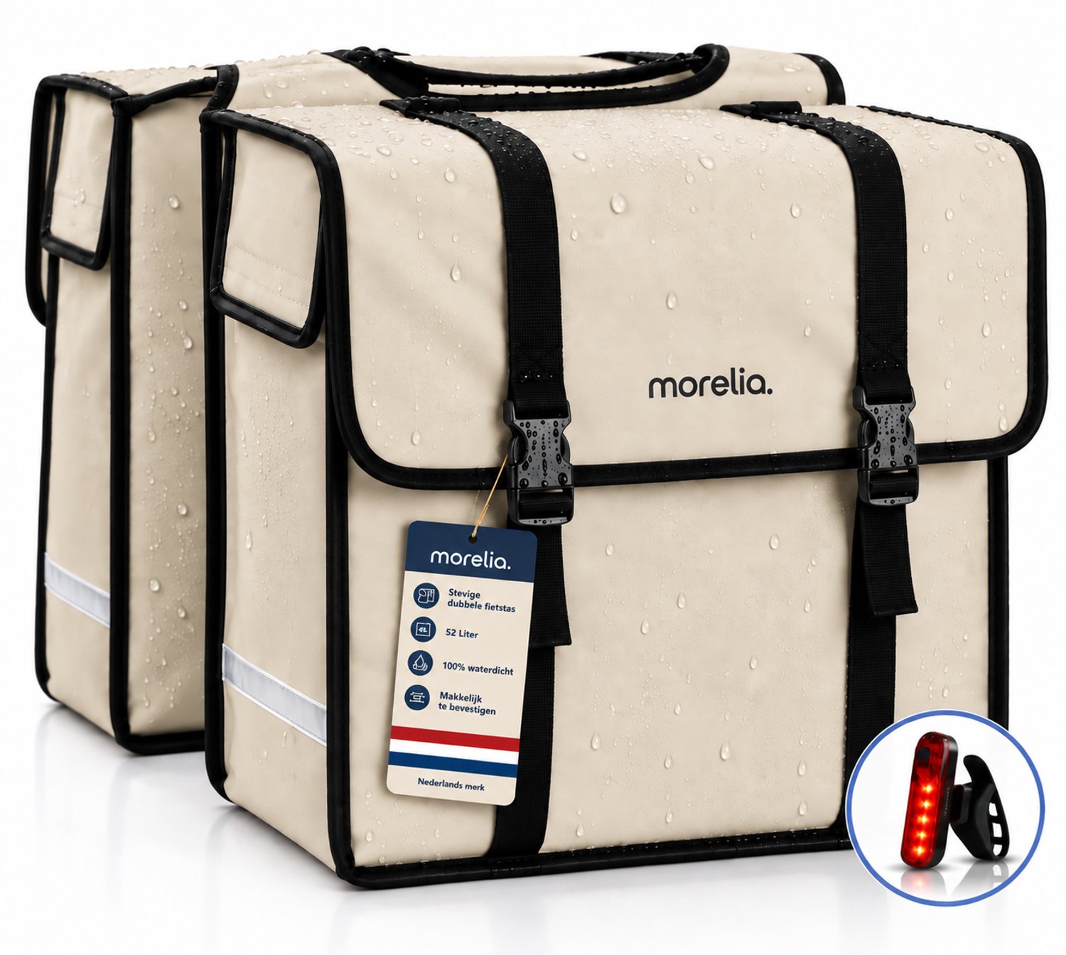 Morelia® Fietstas XL - 100% Waterdicht (52 Liter Beige) - Incl Achterlicht - Fietstassen - Fietstassen Electrische Fietsen - Fietstassen Dubbel - Tarpaulin materiaal