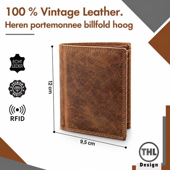 Bruine vintage leren heren portemonnee. Afmetingen 12 x 9,5 cm. Met RFID bescherming.