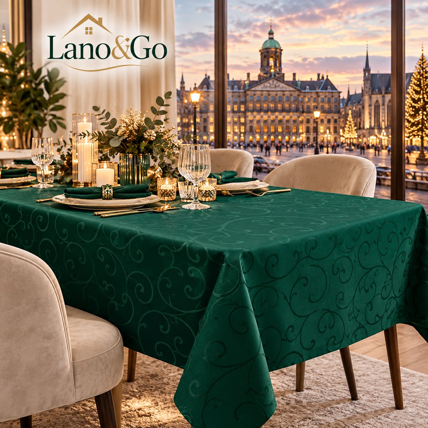 Lano&Go Tafelkleed 140 x 300 cm Donkergroen Damast Afwasbaar Krasbestendig Polyester met Geborduurd Krulpatroon voor Keuken en Feest