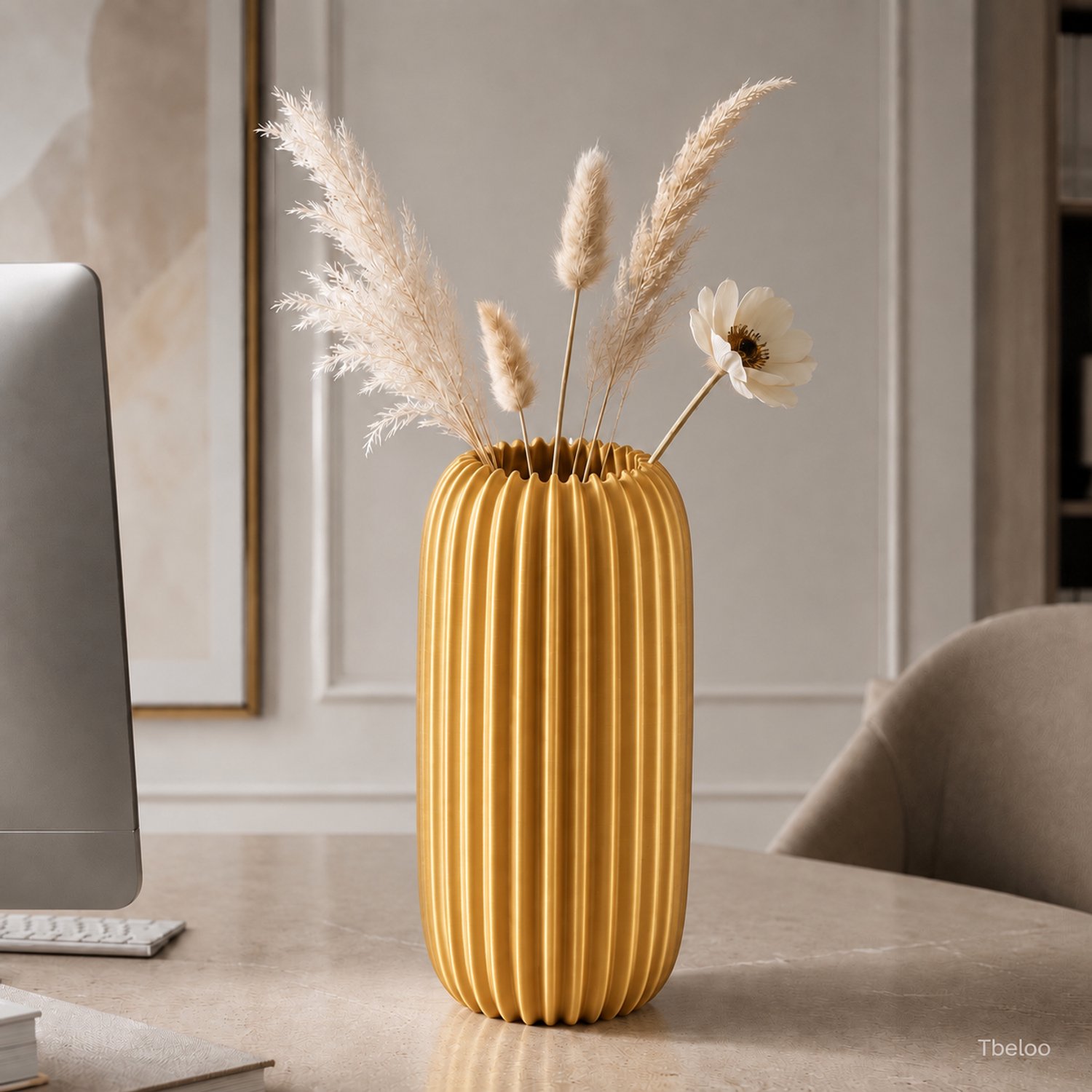 Tbeloo Decoratieve Vaas – Moderne Geribbelde Bloemenvaas – 3D Geprint – Gold – 15 x 7,5 cm