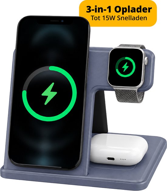 Garzini 3 in 1 Draadloze Oplader - Opvouwbaar Laadstation - Geschikt voor iPhone 12 13 14 15 16 17 18, Apple Watch, Earpods - Smartphone, Smartwatch en Oordopjes - 15W Snellader - Qi Wireless Charger - Oplaadstation - Blauw