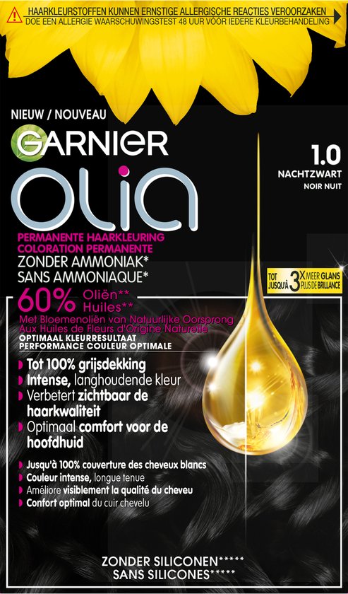 Garnier Olia Zwart 1 - Permanente Haarkleuring Zonder Ammoniak - Tot 100% grijsdekking - Intense, langhoudende kleur - Haarverf