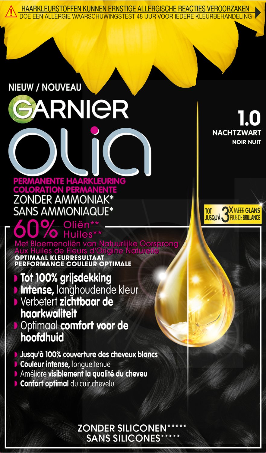 Garnier Olia Zwart 1 - Permanente Haarkleuring Zonder Ammoniak - Tot 100% grijsdekking - Intense, langhoudende kleur - Haarverf