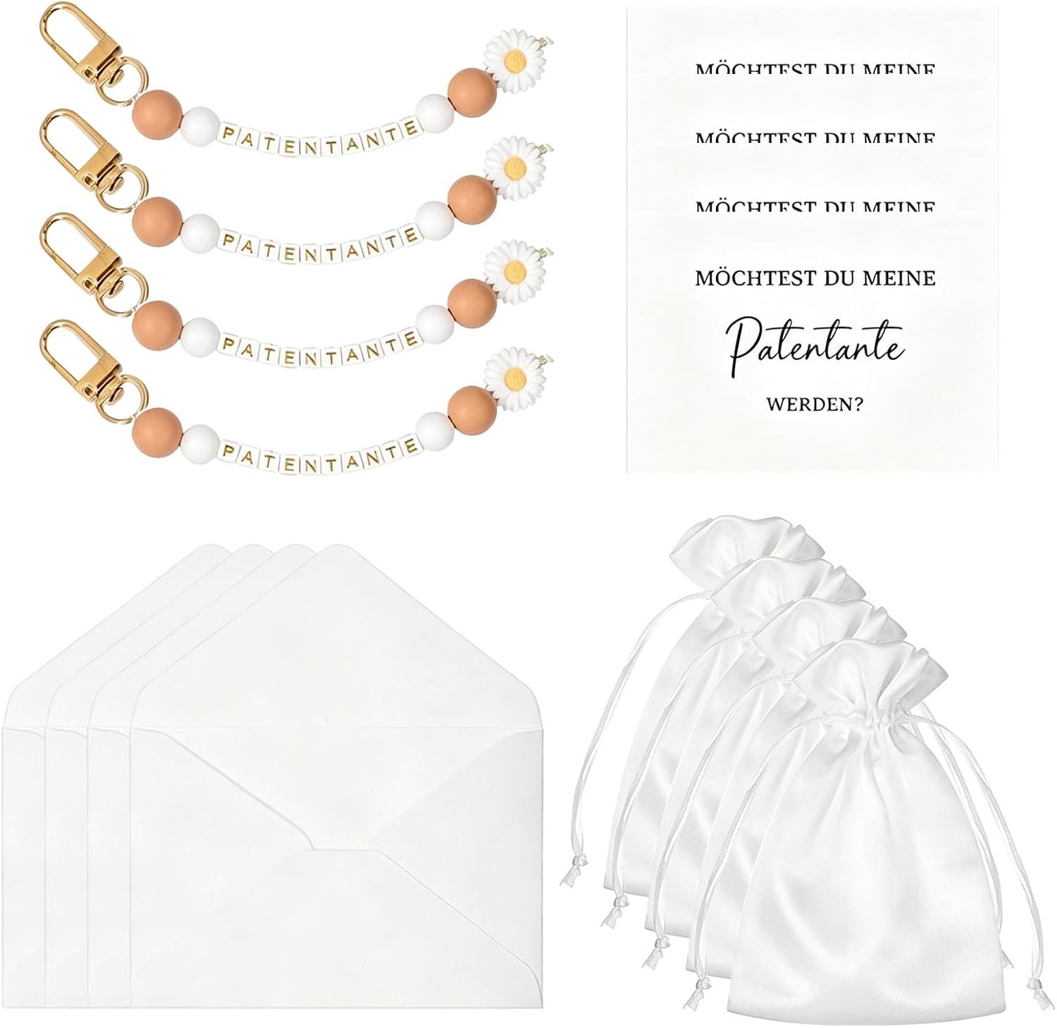4-delige cadeauset, sleutelhanger, vraagkaart met envelop en tas