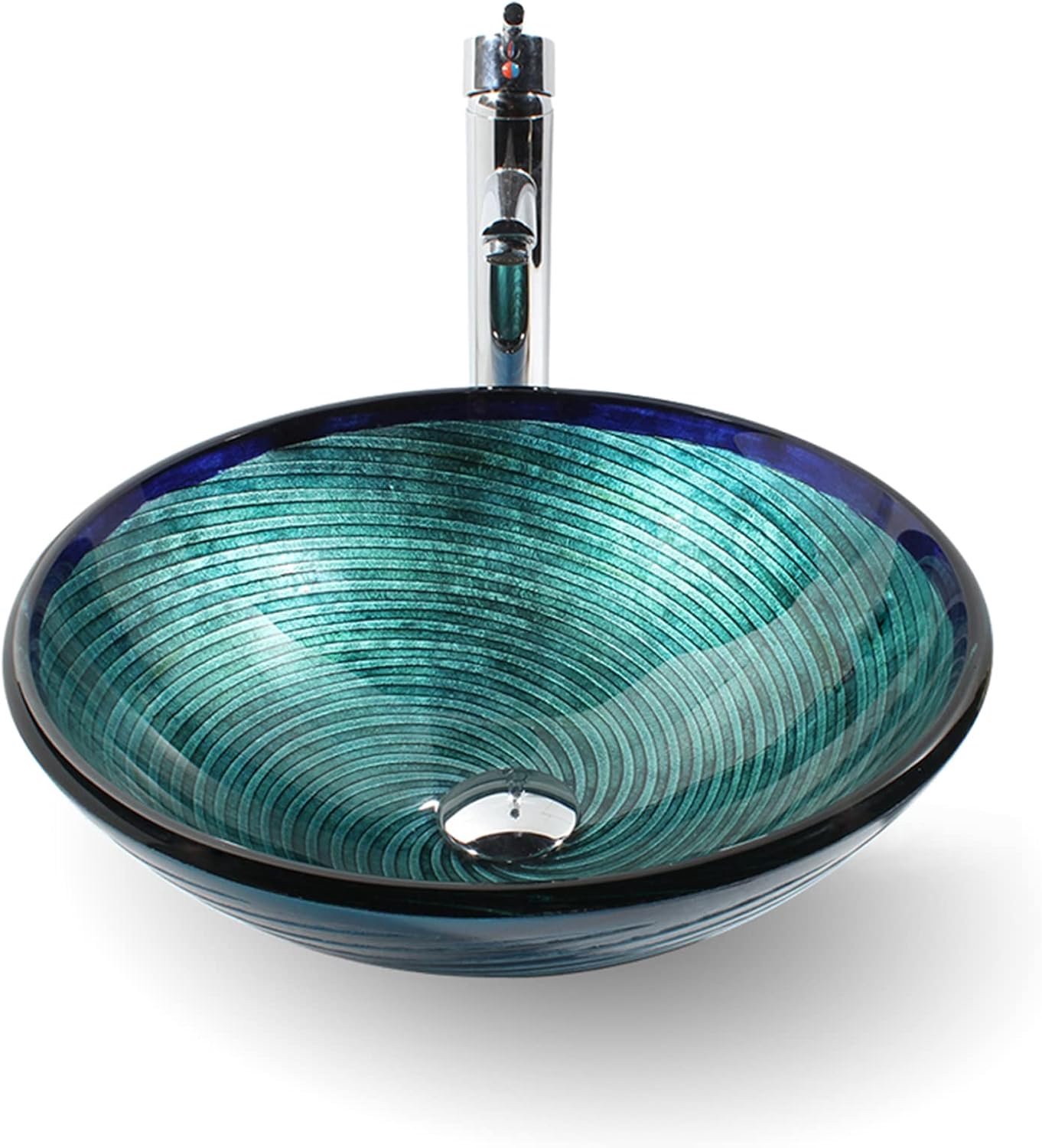 Gootsteen, Artistieke Gootsteen Van Gehard Glas, Donkergroene Ronde Gootsteen Aanrecht Met Chromen Kraan En Pop-Up Afvoer