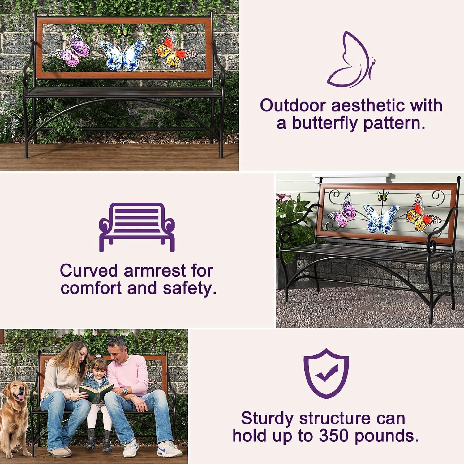 100,8 cm buitenbank, tuinbank met armleuning, lattenzitting en vlinderpatroon rugleuning voor buiten, veranda, park, gazon, achtertuin en balkon, gietijzeren metalen frame, zwart