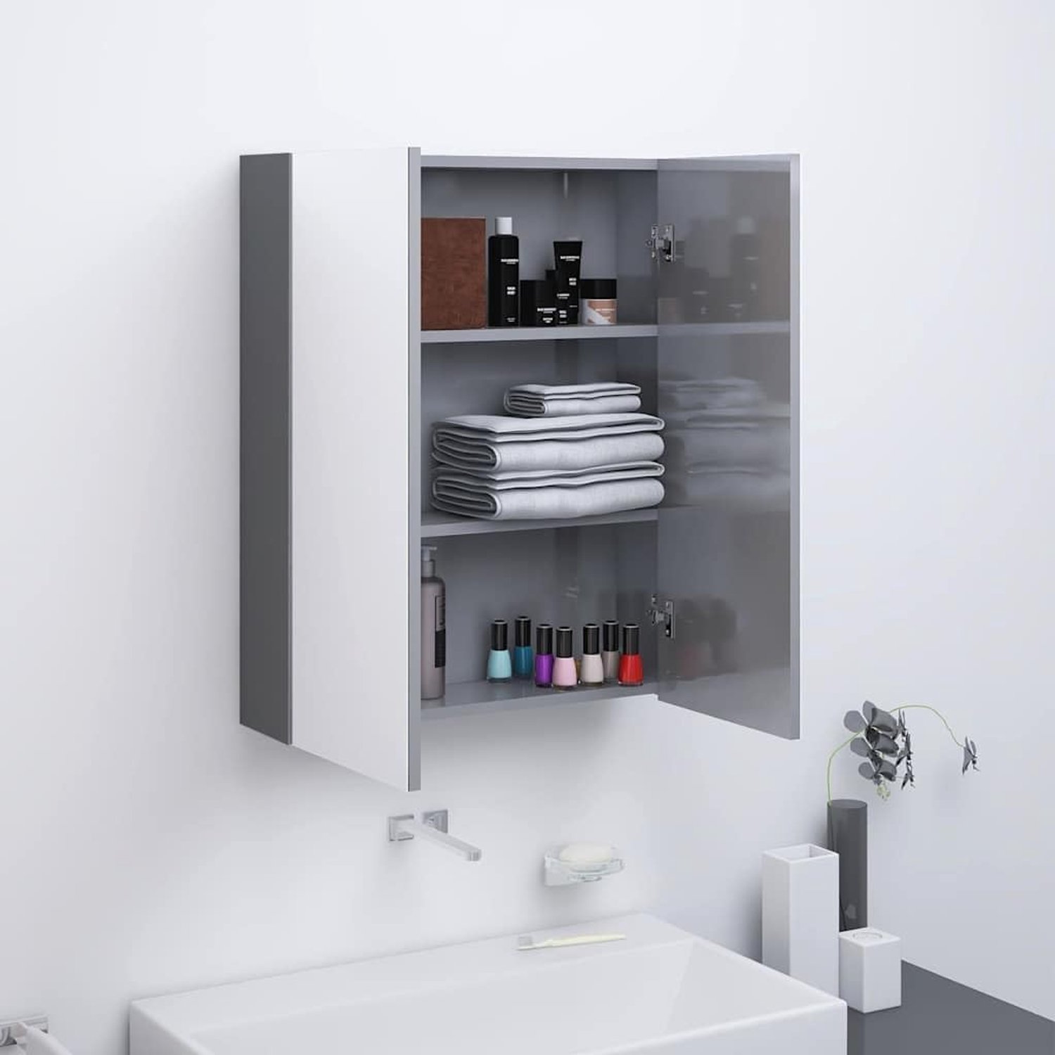 Spiegelkast 60x15x75 cm MDF glanzend grijs met 2 deuren