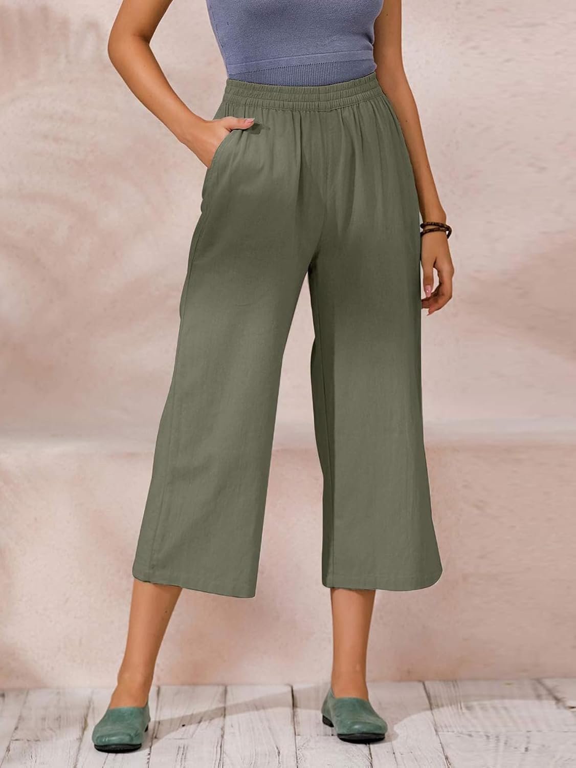 Damesbroek, elastische taille, brede broek, vloeiend, cargobroek, zomer, 7/8, katoen