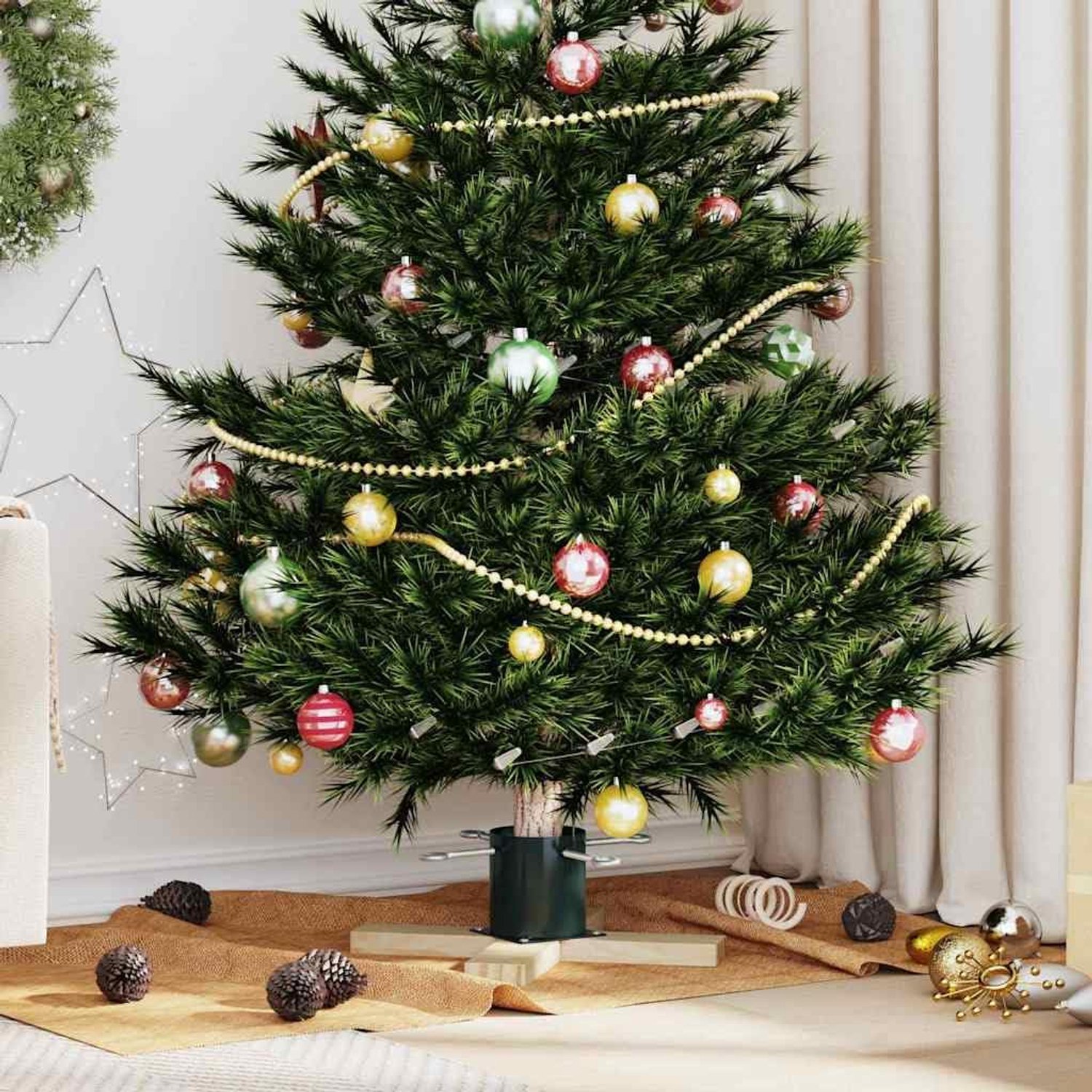 Kerstboomstandaard van massief grenenhout, 50 x 50 x 16 cm, groen, voor echte en kunstmatige kerstbomen