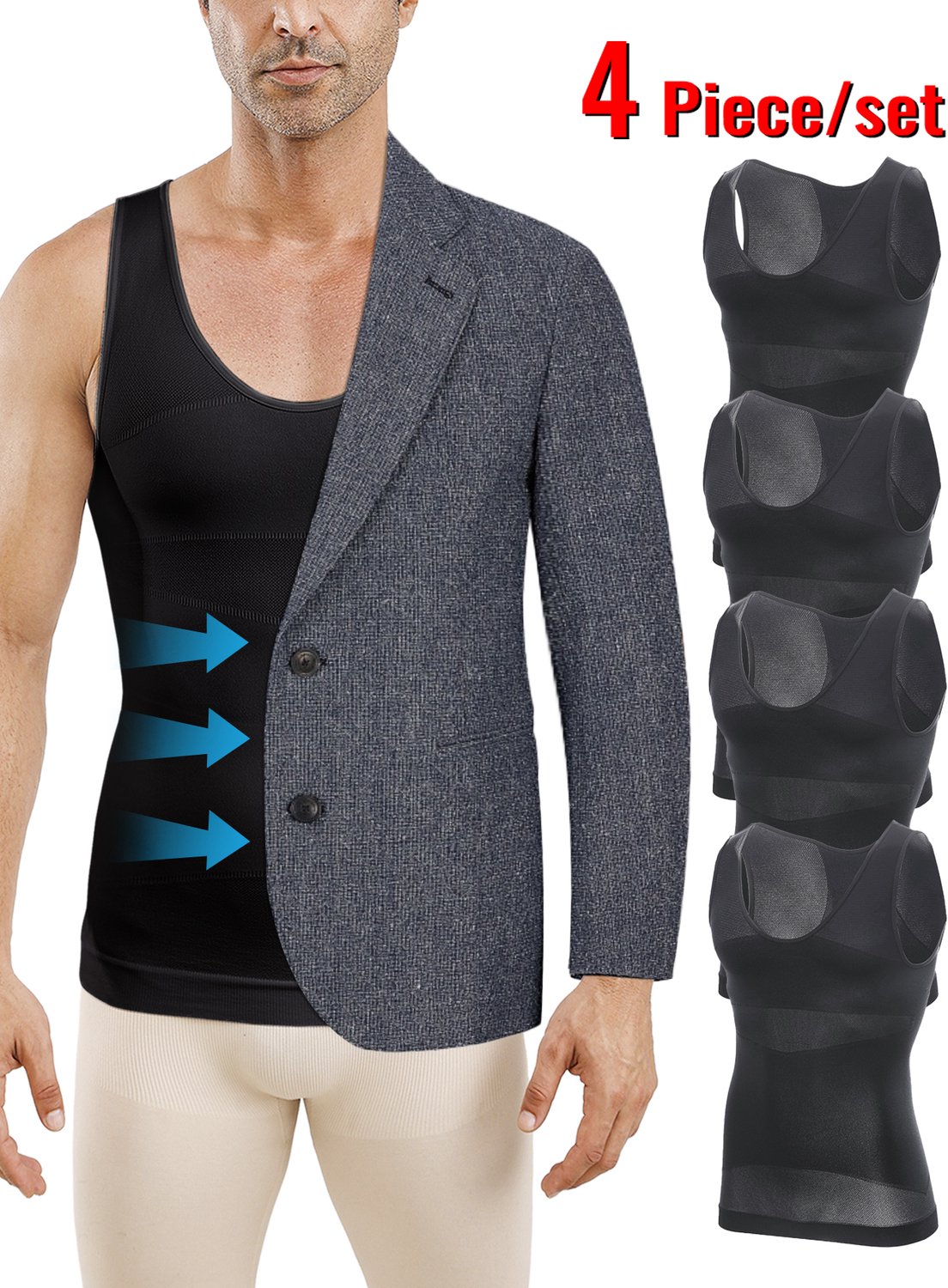 MEETYOO 4 Stuks Corrigerend Hemd Sportvest Mouwloos Shapewear Hemd Buikcontrole Ademend Gym Onderhemd Zwart XXL