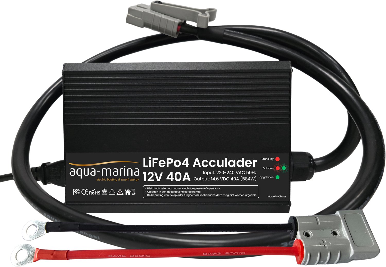 Aqua-Marina LiFePO4-acculader 12V 40A – 14,6V met SB50, M8-kabelogen en krokodillenklemmen