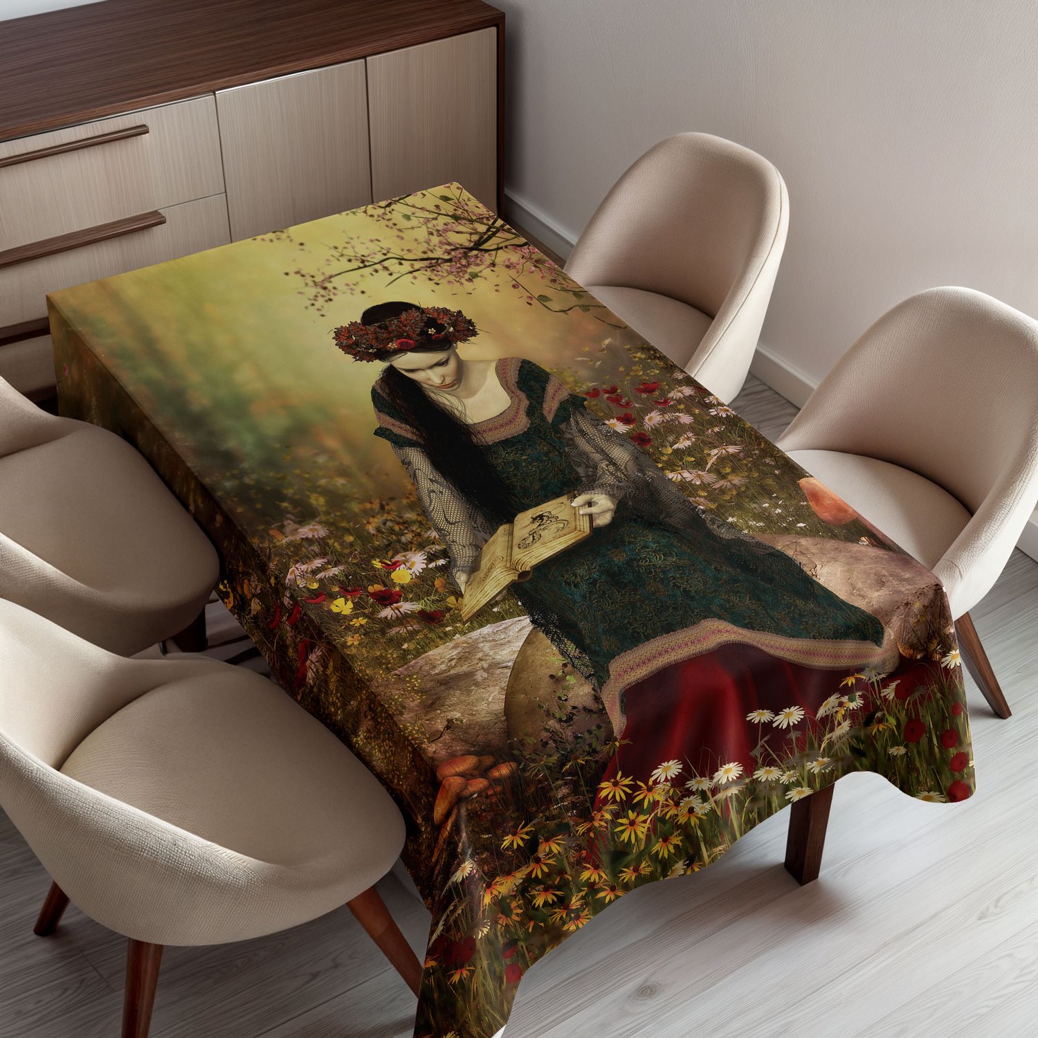 ABAKUHAUS Middeleeuws Tafelkleed, Dame Zittend op een Steen en Lezend in het Bos met Bloemen Gras en Bomen Kunstwerk, Rechthoekig Tafelkleed voor Eetkamer Keukendecoratie, 130 x 150 cm, Meerkleurig