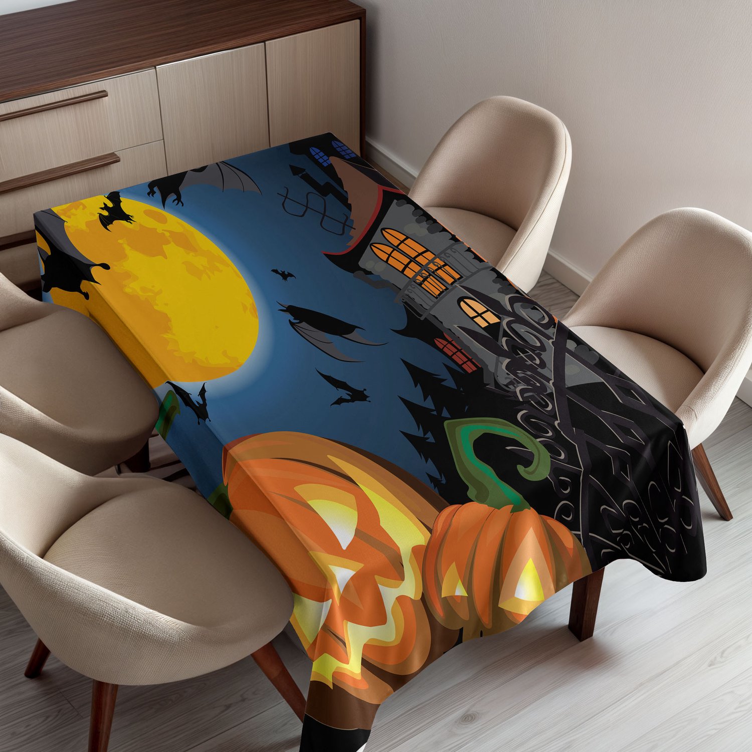 ABAKUHAUS Halloween Tafelkleed, Gotisch Halloween Spookhuis Feestthema met Trick or Treat Motieven, Rechthoekig Tafelkleed voor Eetkamer Keukendecoratie, 130 x 150 cm, Oranje Zwart