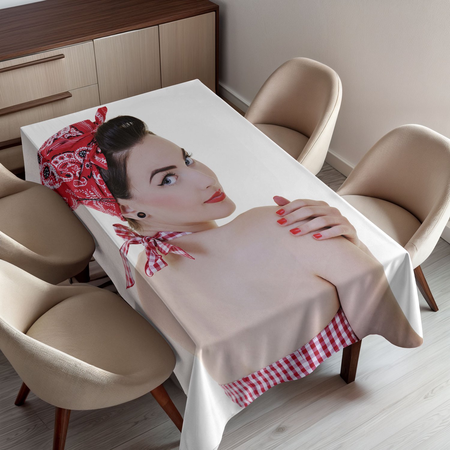 ABAKUHAUS Pin-up Girl Tafelkleed, Jonge Dame met Geruite Halterbikinitop en Bandana, Rechthoekig Tafelkleed voor Eetkamer Keukendecoratie, 150 x 200 cm, Meerkleurig