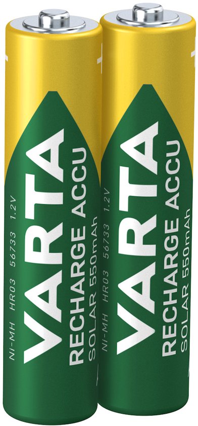 Twee Varta Recharge Accu batterijen. Geel met groene punt, met tekst.