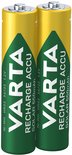 Twee Varta Recharge Accu batterijen. Geel met groene punt, met tekst.