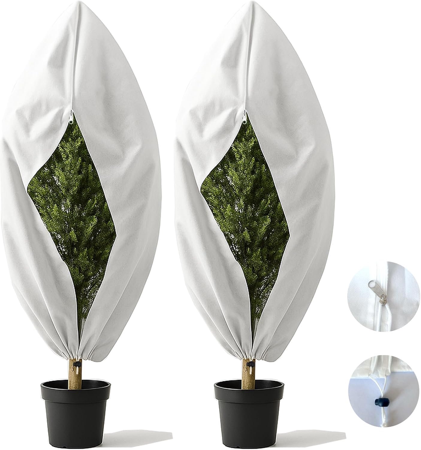 Famanu - Winterbescherming voor planten - Beschermt potplanten tegen vorst - Met ritssluiting en trekkoord - Transparant 2 stuks