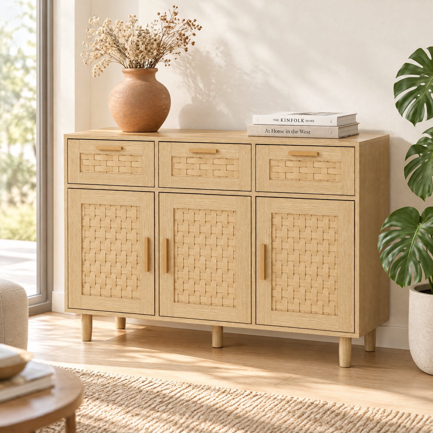 ROSAHQNDA Dressoir 107,9x40x80 cm - Opbergkast met 3 Deuren en 3 Lades - Rotanlook Design - Buffetkast voor Woonkamer, Eetkamer en Slaapkamer - Natuurlijke Houtkleur Licht hout