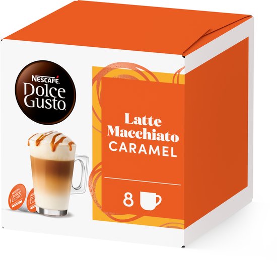 Doos met Nescafé Dolce Gusto Latte Macchiato Caramel koffiecups. Een glas karamel latte macchiato met slagroom en karameldruppels.