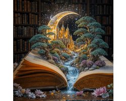 Borduurpakket Magisch Boek met Kasteel & Waterval - Kruissteek Pakket Met Bedrukt Stramien - 14CT - 36x36 cm (Afbeelding 30x30 cm) - Inclusief Garen en Naald