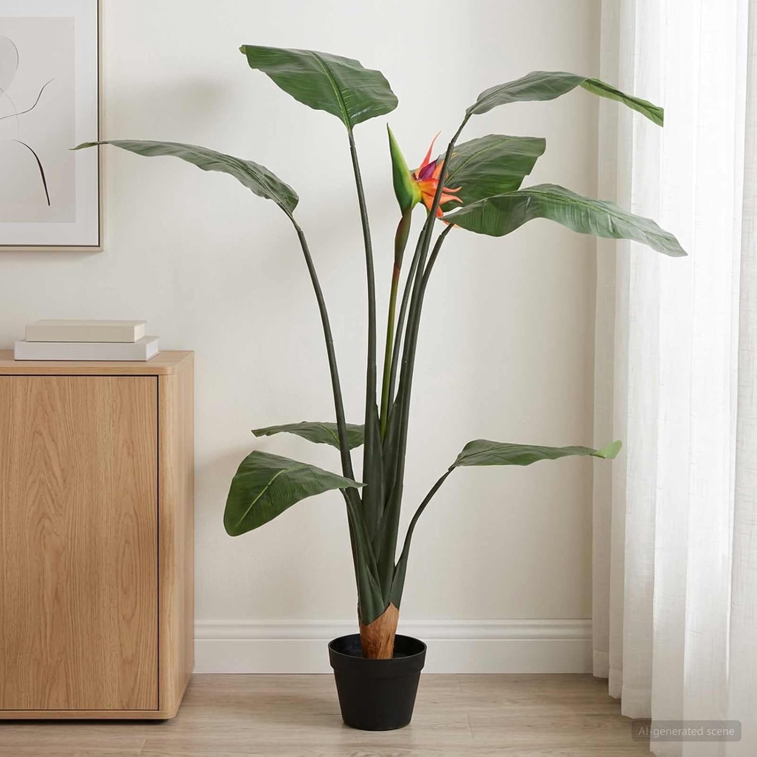 Kunstplant Strelitzia 155 cm groot, kunstplant voor woonkamer, kantoor, realistische strelitzie in pot, decoratieve kamerplant, hoogte 155 cm