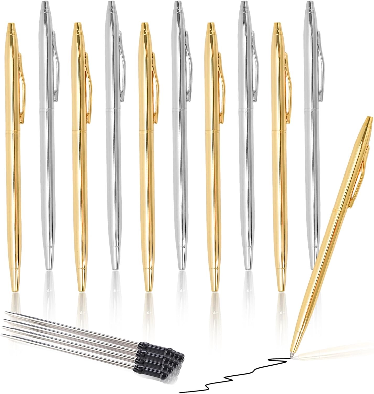 Balpen, metaal, met 10 vullingen, 1 mm intrekbare zwarte inkt, slanke balpen, intrekbare gouden pen voor bruiloft, zakelijk, huishouden, goud, zilver, 10 stuks