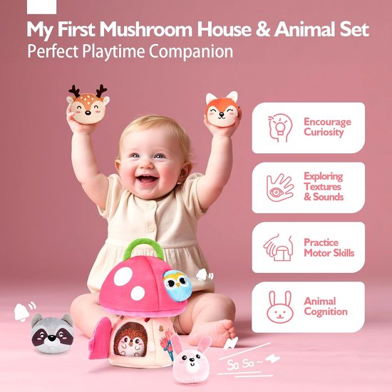Montessori-speelgoed voor baby's – in de vorm van een paddenstoel – Sensorisch baby speelgoed voor 6-12 maanden – Zachte texturen & ontdekken – Roze — afbeelding 4