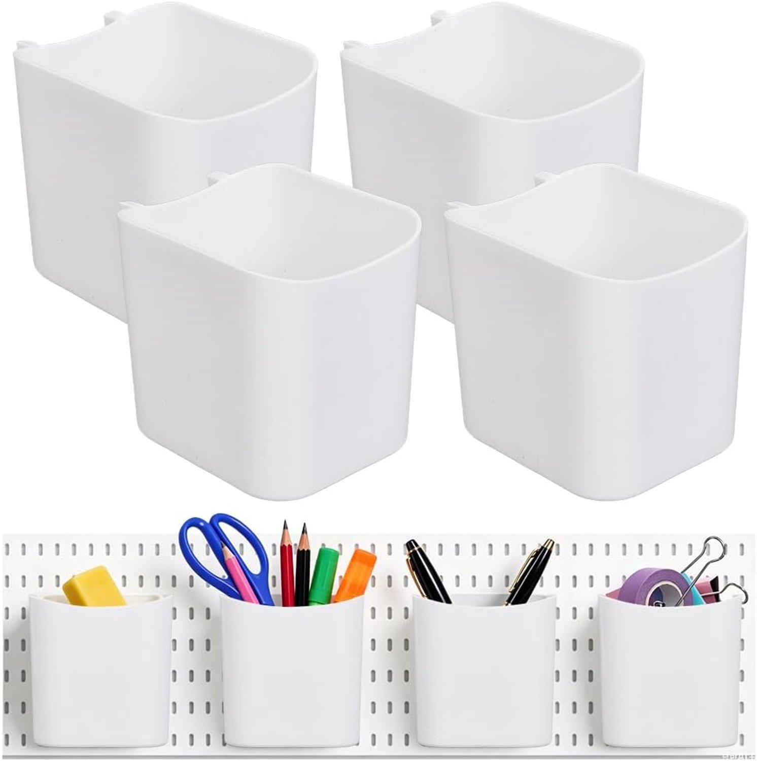 6 stuks gatenwandbekers met haken, 7,5 x 8,8 ~ 9,6 x 8,45 cm, kunststof gatenwand, opbergpennen, witte gatenwand, wandorganizer voor kantoor, knutselruimte, thuis