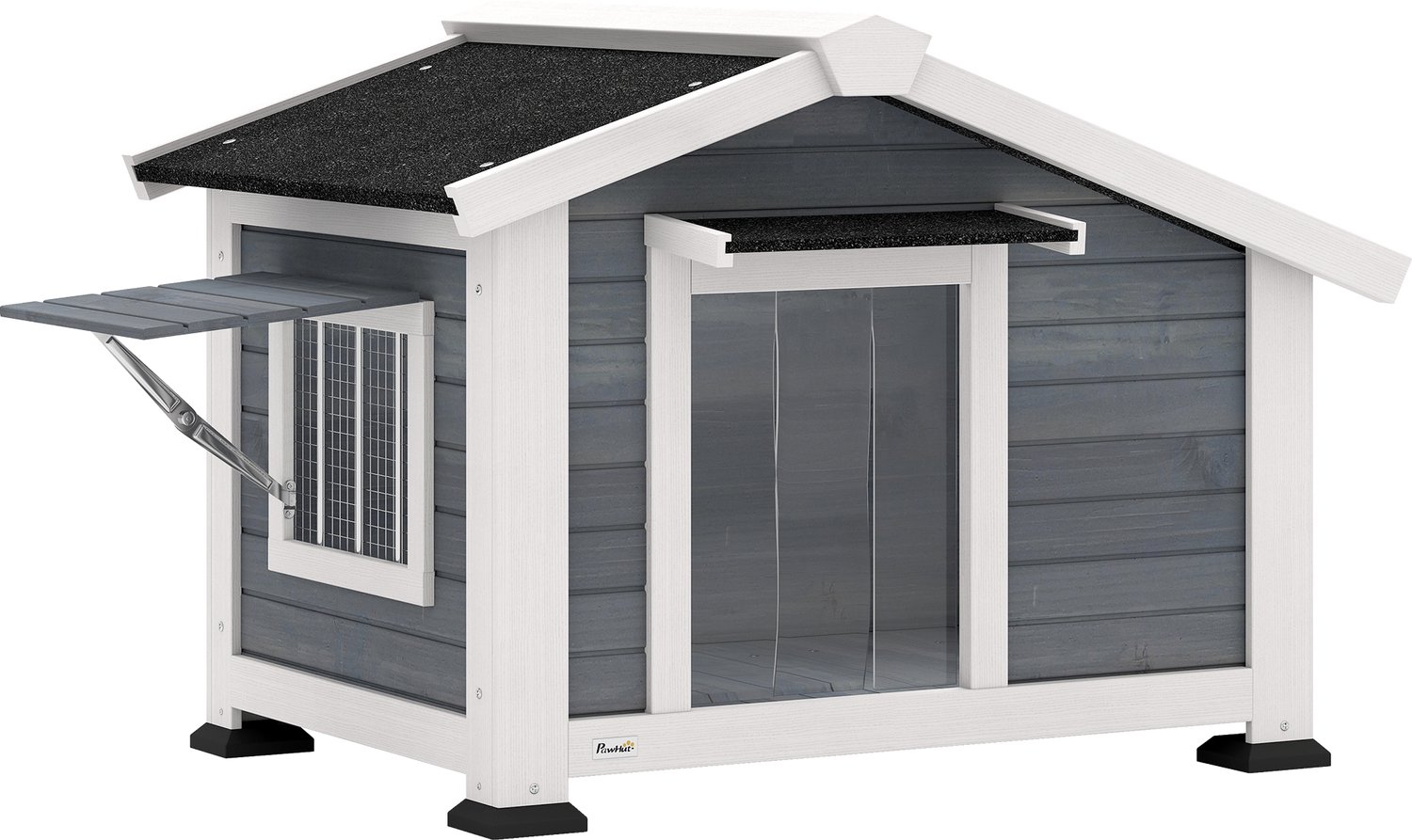 Pawona Hondenbench voor buiten - Weerbestendig houten hondenhuis met asfaltdak en uitneembare bodem - 98 x 76 x 69,5 cm - Grijs