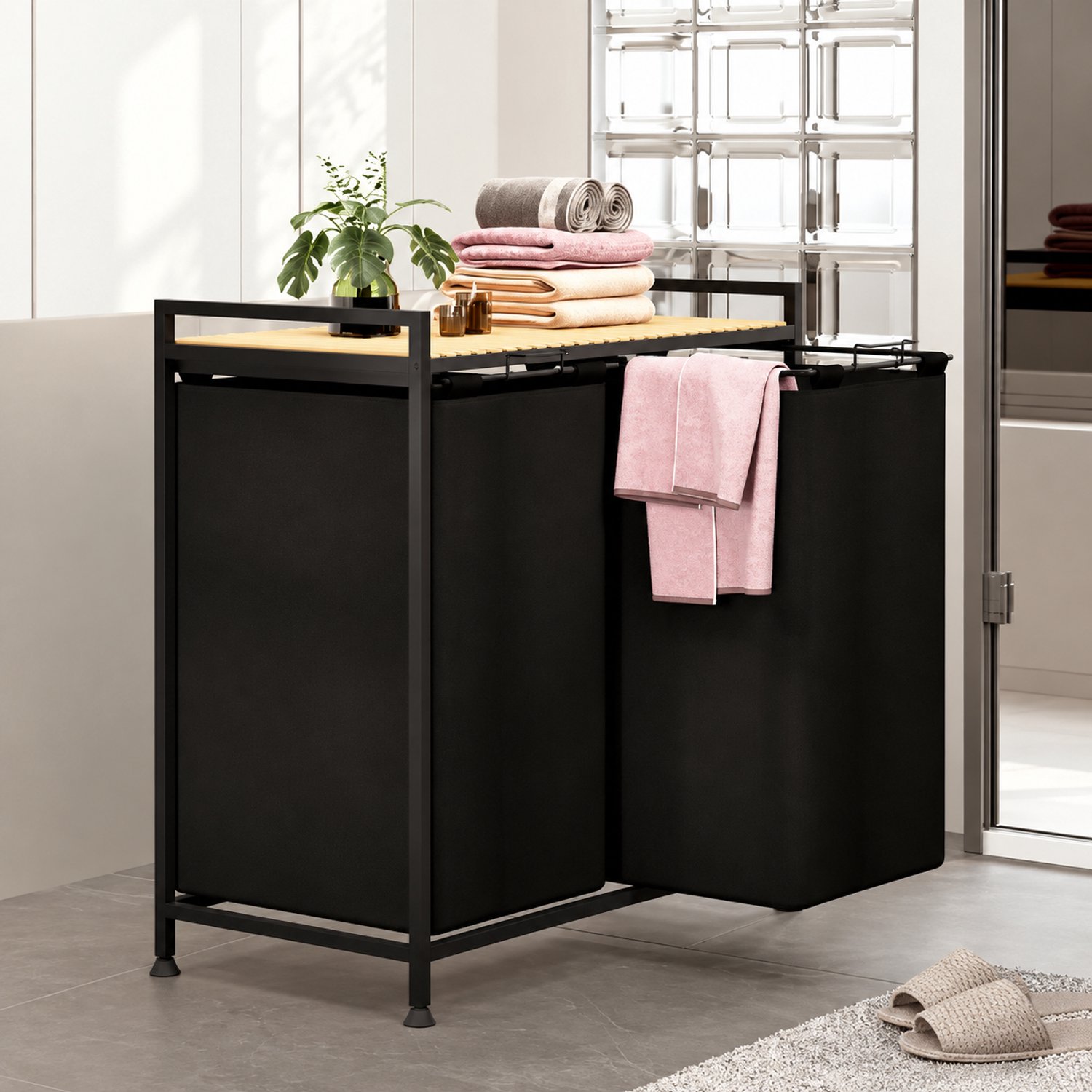 Zeo Wood Wasmand 2 Vakken – 123L Grote Wassorteerder – Dubbele Wasmand met Uitneembare Waszakken – Wasbox met Opbergrek – 66 x 36 x 70 cm – Zwart/Hout