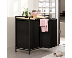 Zeo Wood Wasmand 2 Vakken – 123L Grote Wassorteerder – Dubbele Wasmand met Uitneembare Waszakken – Wasbox met Opbergrek – 66 x 36 x 70 cm – Zwart/Hout