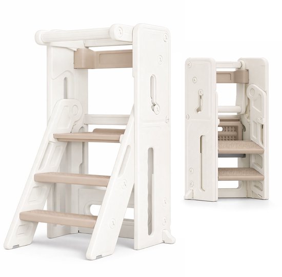 Beige en witte opvouwbare leertoren met drie treden.