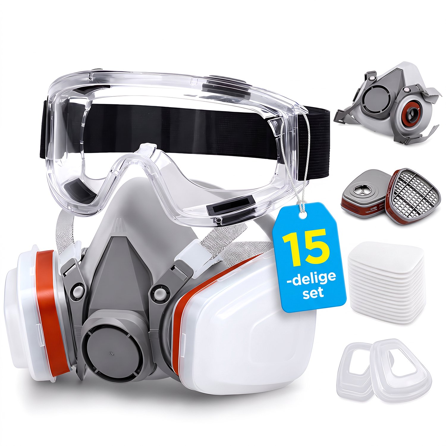 Halfgelaatsmasker met Filters en Veiligheidsbril - 15-delige Ademhalingsbescherming Set met Dubbel Filtersysteem, 10 Filterpads en 2 Filterhouders - Verstelbaar Masker voor Schuren, Spuitwerk, Werkplaats en Renovatie - Grijs - Gasmasker