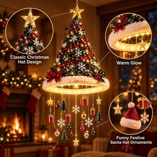 Kerstboommuts met warme verlichting, sterren, cadeautjes en kleine kerstmutsjes. Tekst: Classic Design, Warm Glow.