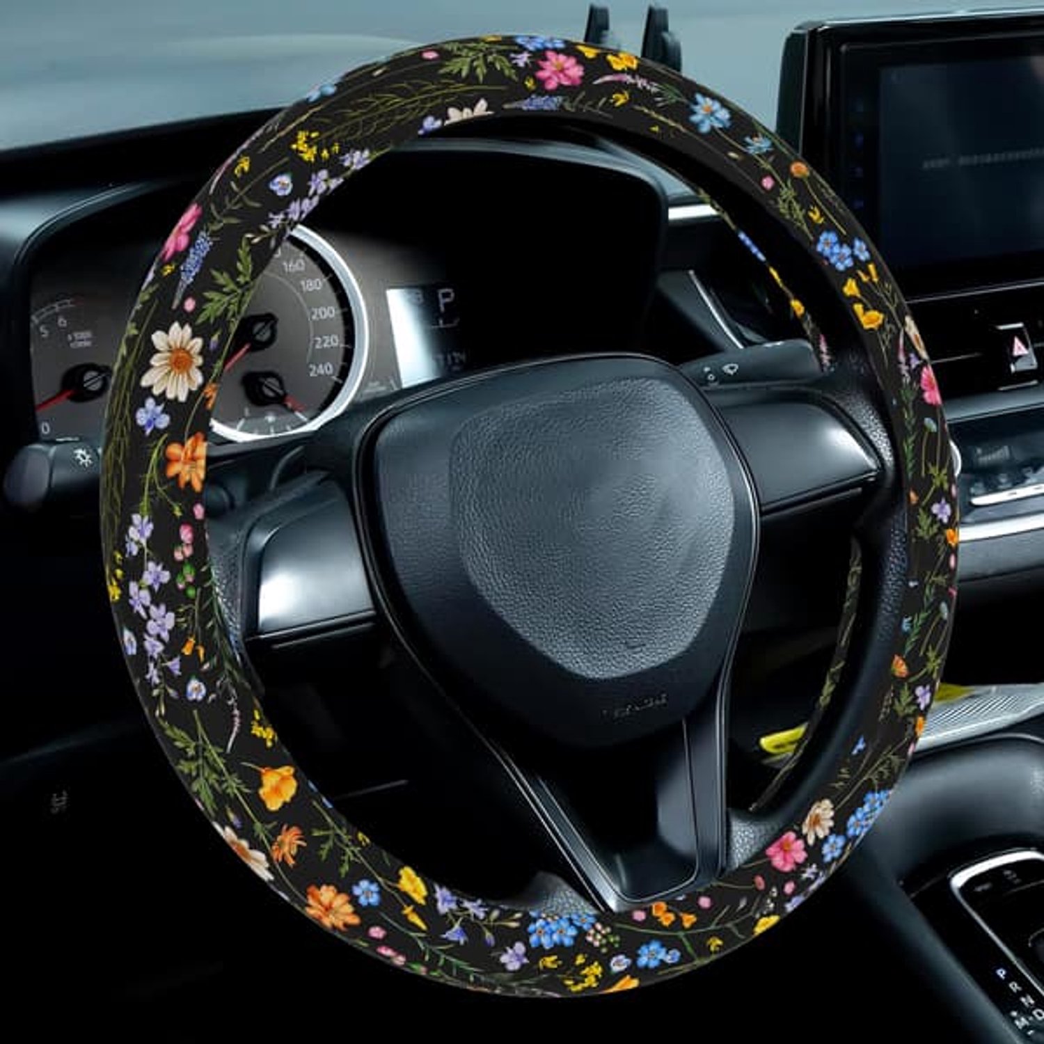 Geschikt voor-38cm Stuurhoes-Alle auto's-Stuurhoes voor heren, antislip, ademend, zweetabsorberend, universeel, 14,5-15 inch schattige stuurhoes, wilde bloemen auto accessoire. – foto 3