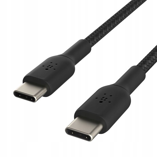 Câble USB-C vers USB-C noir tressé, gros plan.