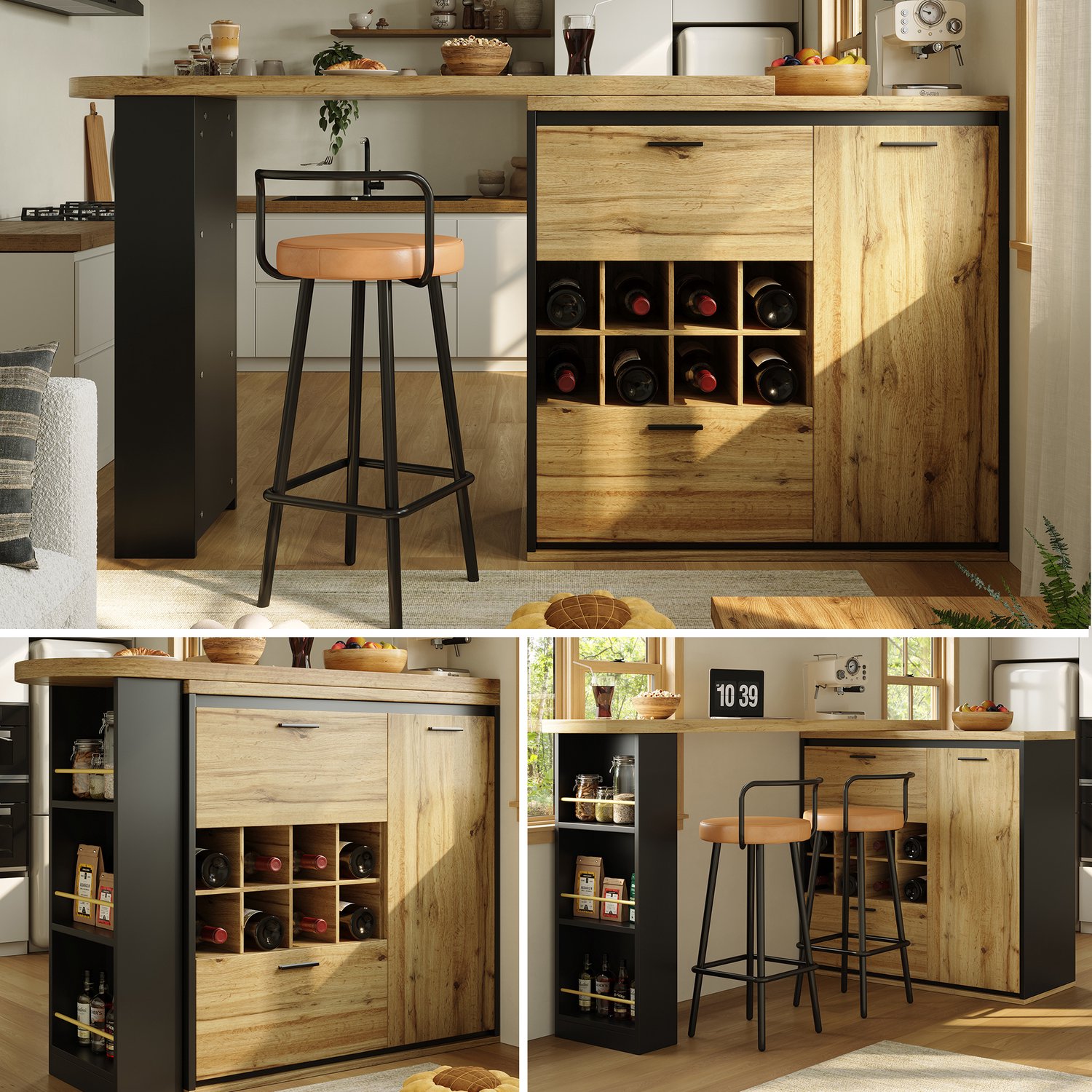 Clruro Bartafel - 138-220 x 39 x 105 cm - Uitschuifbaar - 2 Lades en Wijnrek - MDF - Houtlook
