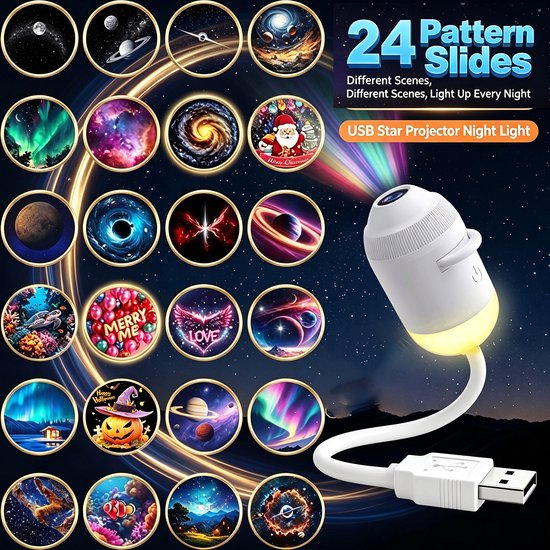 Sterrenhemel projector - 360° verstelbaar 2-in-1 Galaxy Night Light [Energieklasse A] - Led-projector met 24 projectiefolies - dimbaar nachtlampje voor slaapkamer - decoratie en auto
