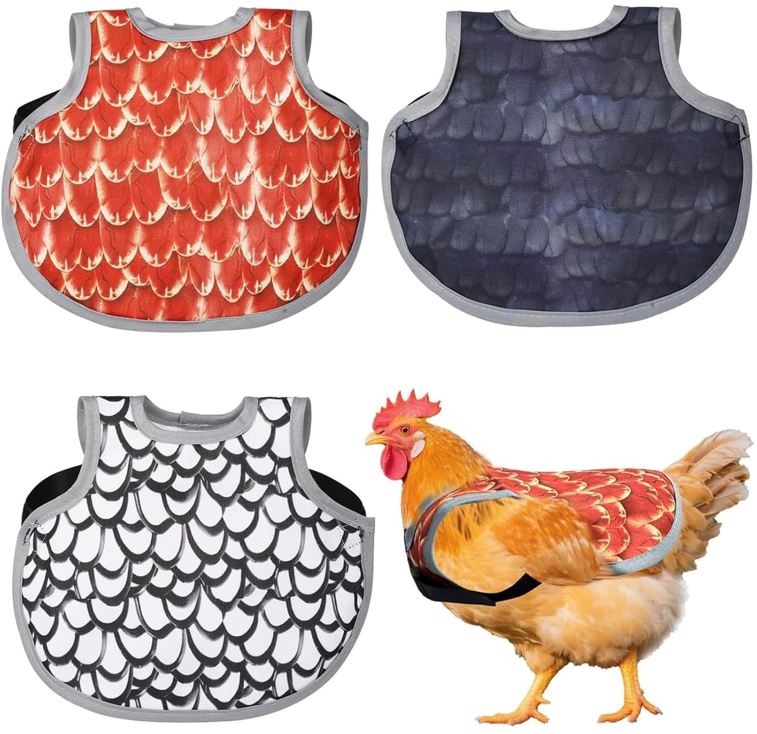 3 stuks kippenzadels, gevogelte henzadel, met verstelbare riemen, comfortabele kippenschorten, waterdicht bedrukt kippenzadel, rugveerbescherming, voor kip, eend, gevogelte, rug