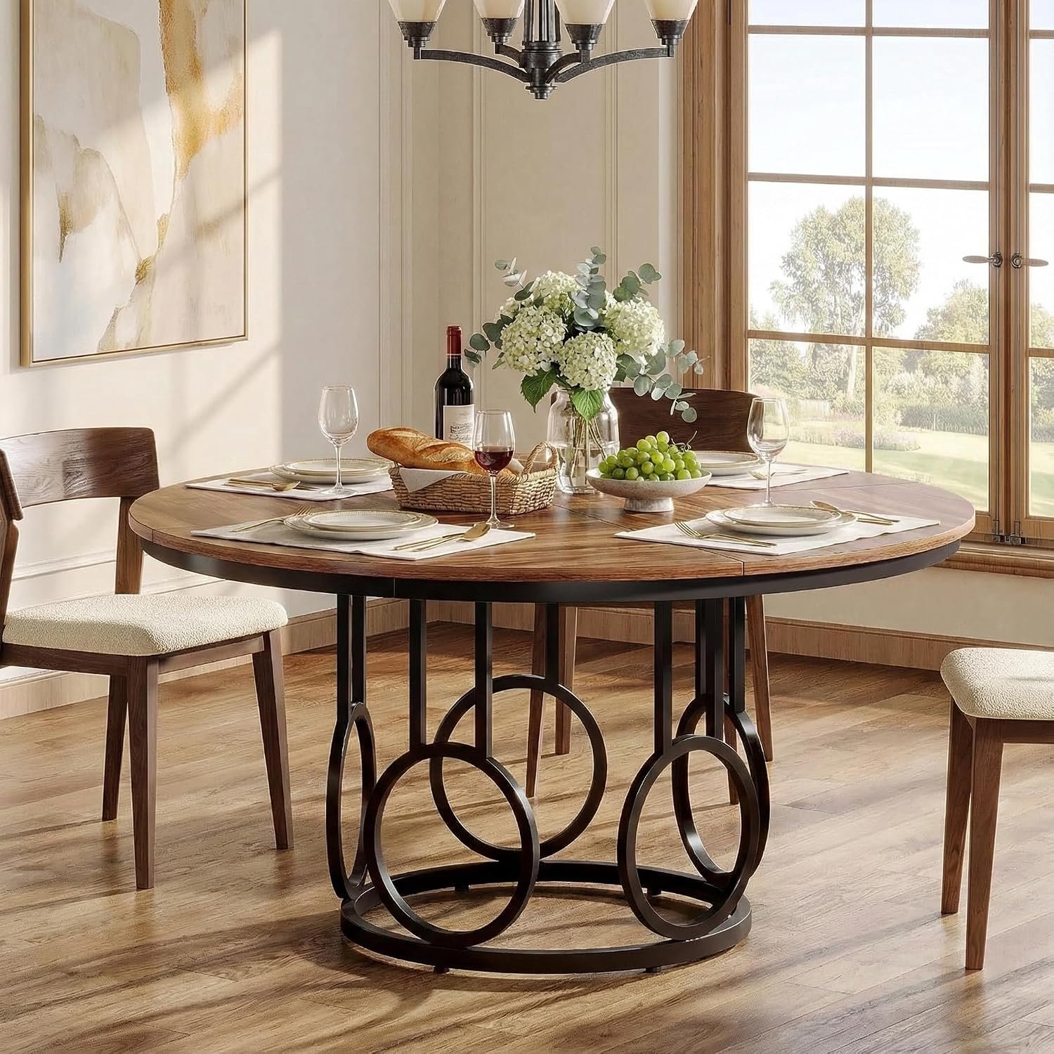 120 cm ronde eettafel, tafel in industriële stijl, eettafel hout, keukentafel, demonteerbaar, eettafel voor 4 personen, keuken en eetkamer, 120 x 120 x 75 cm, walnoot & zwart