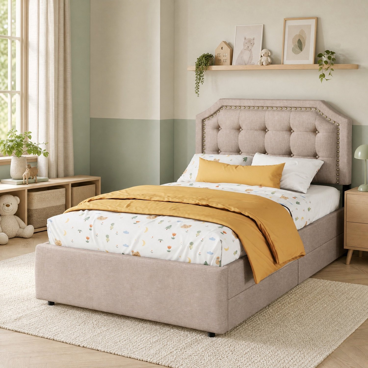 CHICFURN Gestoffeerd bed 90 x 200 cm - 2 opberglades - donkerbeige