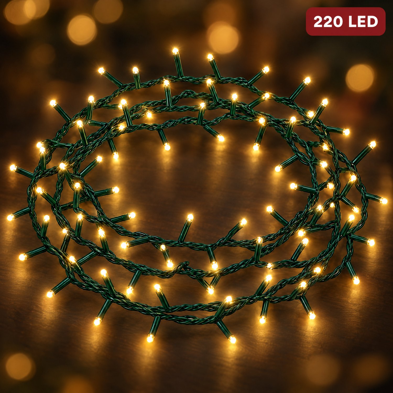 Cheqo® Kerstboomverlichting 220 LED - 5 Meter - Warm Wit - Kerstverlichting - Kerstlampjes - Groen Snoer - Lichtsnoer - LED Verlichting voor Binnen en Buiten - Sfeerverlichting - Feestverlichting - Lichtslinger - Dimbaar met Timer - IP44