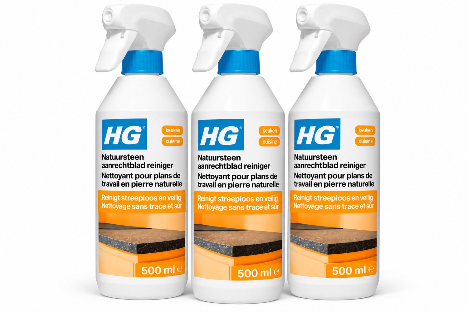 HG Natuursteen Aanrechtbladreiniger 500 ml - Streeploze Reiniger voor Natuursteen 3 x 500 ml